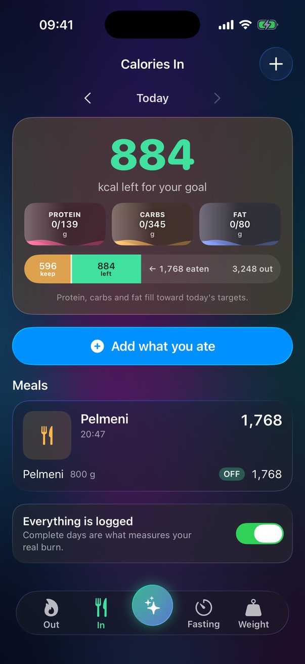 In tab: calories left, macros and meals